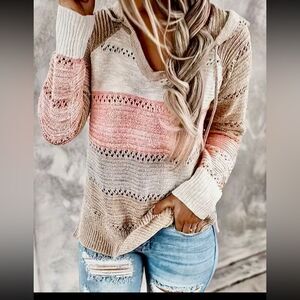 Color block pink white tan striped hooded knit sweater lightweight sz M